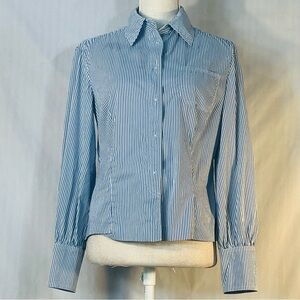 Talbots Blouse Stretch Blue & White Pin Stripe Cotton Blend Snap Closure EUC 8